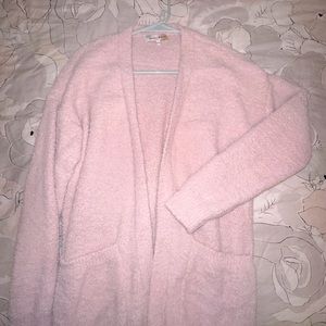 pink fuzzy cardigan